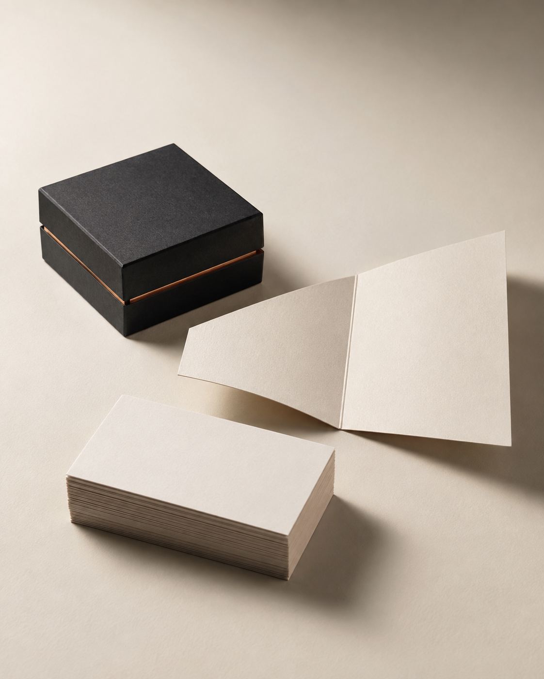Premium paper stocks, folded card and presentation box in warm neutral tones